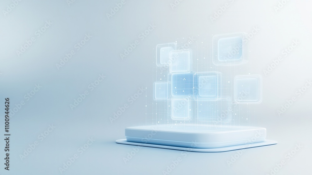 Poster a modern, minimalistic display featuring translucent cubes arranged above a sleek platform, set agai