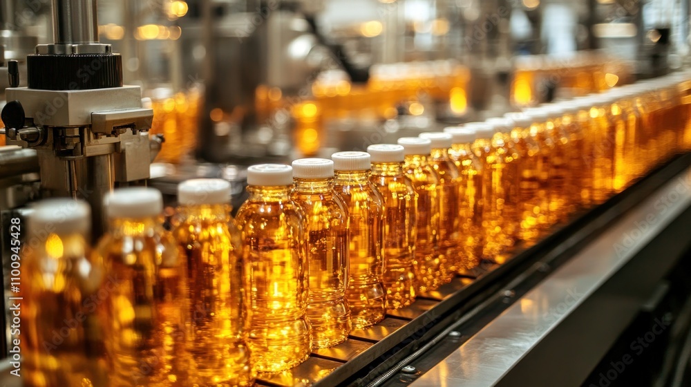 Poster automated bottling line filling glass bottles with beverages in a beverage factory with shiny, sanit