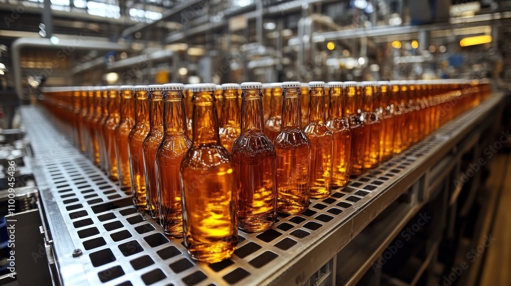 Aufkleber automated bottling line filling glass bottles with beverages in a beverage factory with shiny, sanit