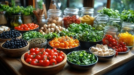 Obraz premium A table set with fresh, colorful ingredients for preparing a healthy meal, including cherry tomatoes, spinach, lentils, tofu, and herbs.