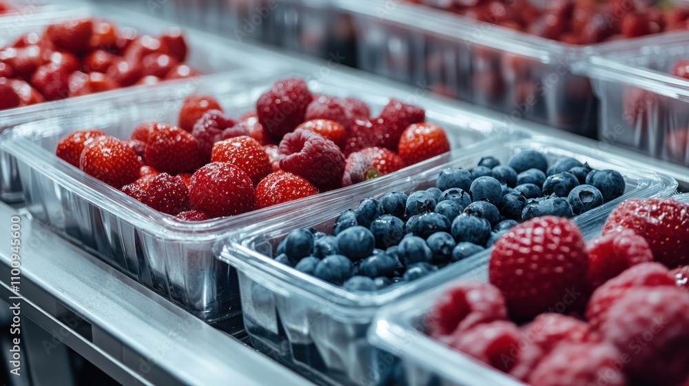 Poster automated conveyor line packaging fresh fruits in plastic trays with precise sorting and sealing in 