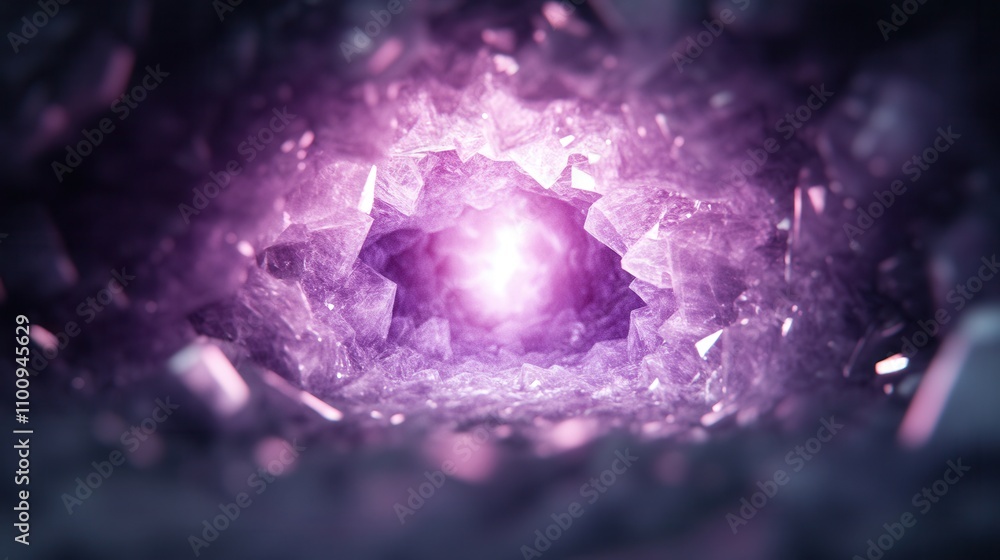 Poster a mystical, purple crystal cavern with sparkling facets, radiating light from its center, creating a