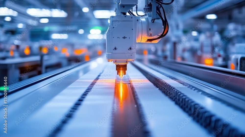 Poster automated cutting machines slicing through fabric layers with laser precision in a high-volume garme