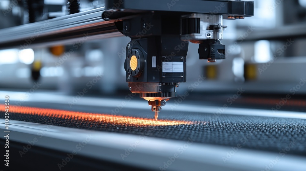 Poster automated cutting machines slicing through fabric layers with laser precision in a high-volume garme