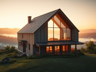 Obraz premium House with a large gable roof window offering stunning views of the valley, house interior, architecture, valley view, home decor, gable roof