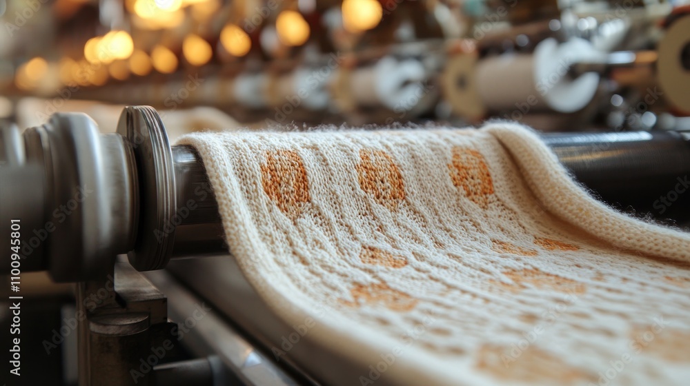 Poster automated knitting machines creating patterned textile pieces with precision in a well-organized, mo