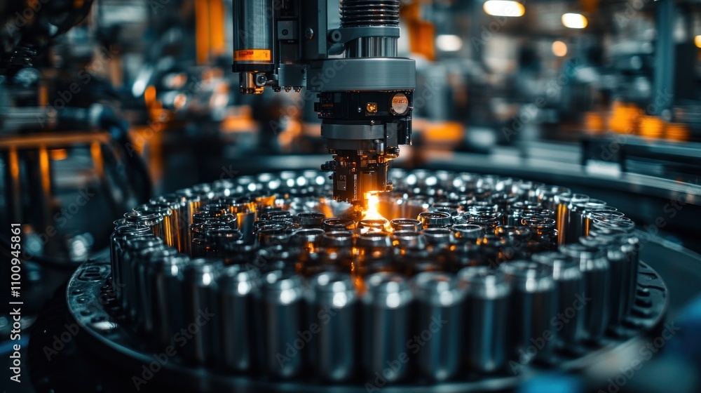 Poster automated machine producing aluminum cans, stamping and shaping each can with precision in a large p