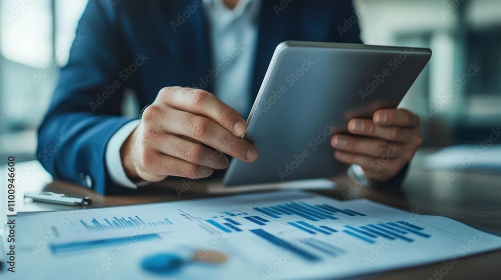 Poster close-up of engineer using tablet to view digital building plan during inspection on site