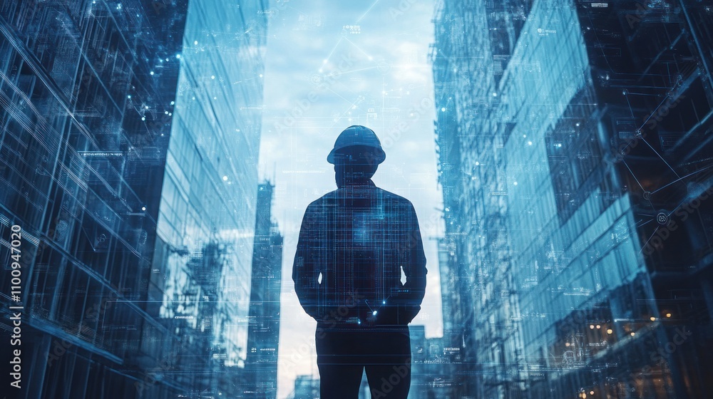 Poster collaborating between engineers and architects via digital cloud systems on construction sites