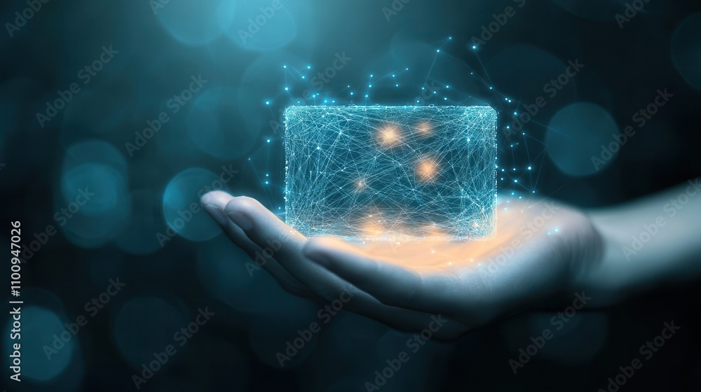 Poster a hand holds a glowing, translucent cube surrounded by sparkling particles, suggesting themes of tec
