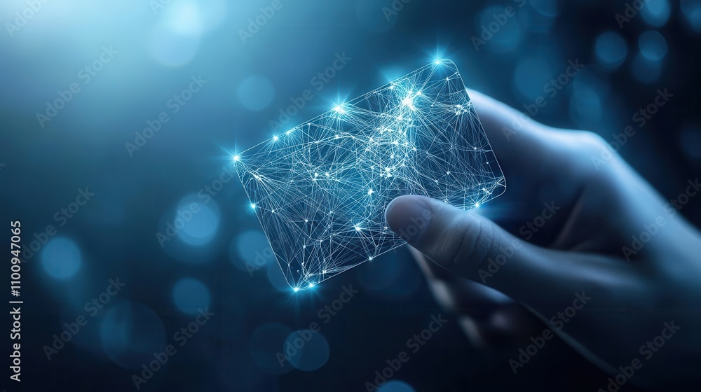 Poster A hand holds a glowing, digital card composed of interconnected lines and nodes, symbolizing technology and innovation in a futuristic setting.
