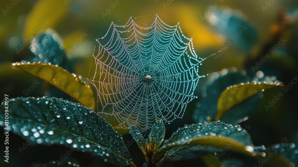 Poster a spider web covered in morning dew, the intricate pattern of the web is highlighted by the droplets