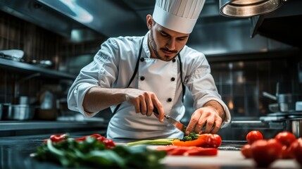 A calm chef carefully slicing vegetables in a professional kitchen,