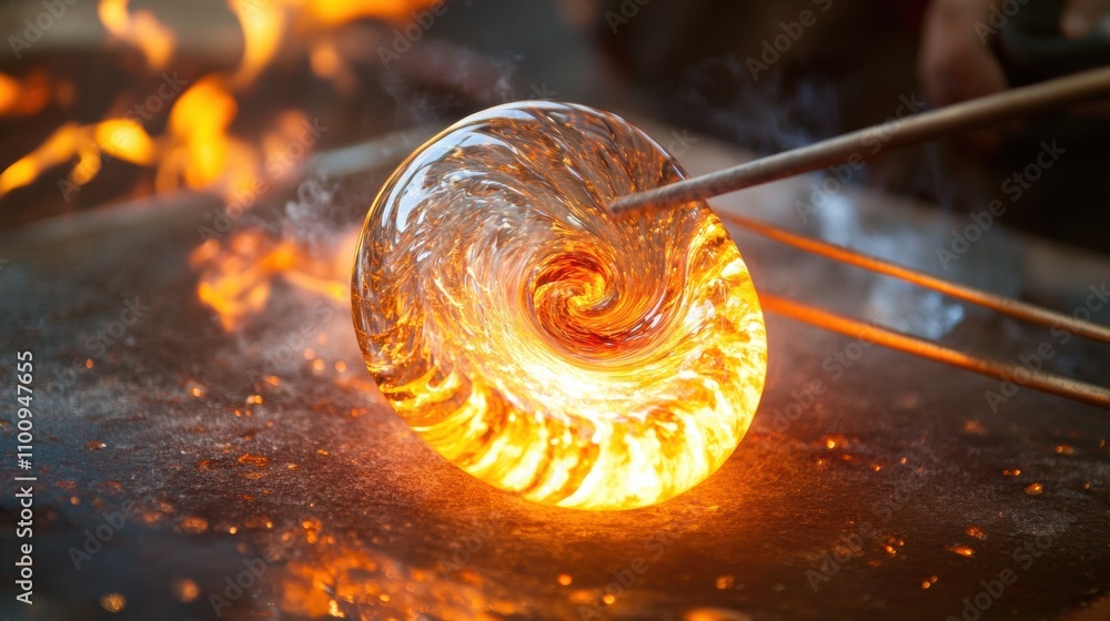 Poster captivating process of glassblowing with fiery swirls and embers illuminating the craftsmanship of a