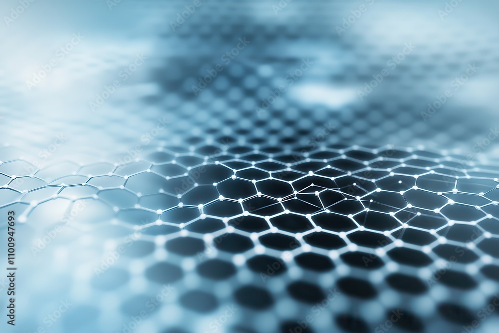 Poster A close-up view of a hexagonal mesh pattern, showcasing a modern, futuristic design with soft lighting and a blue color palette.