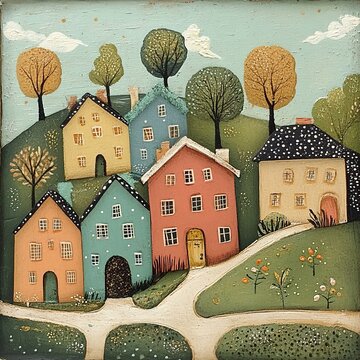 Whimsical Village: A Charming Folk Art Illustration of Colorful Houses and Lush Greenery