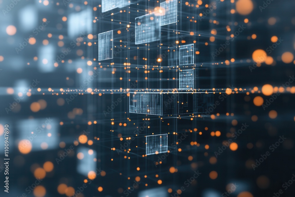 Poster A futuristic digital landscape featuring glowing nodes and grid-like structures, symbolizing technology and data connectivity.