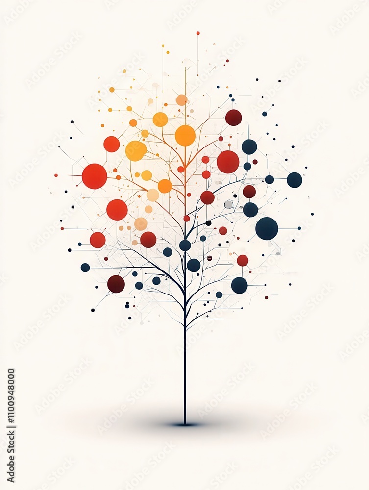 Poster A stylized tree illustration with colorful dots representing leaves, blending nature and abstract art in a minimalist design.