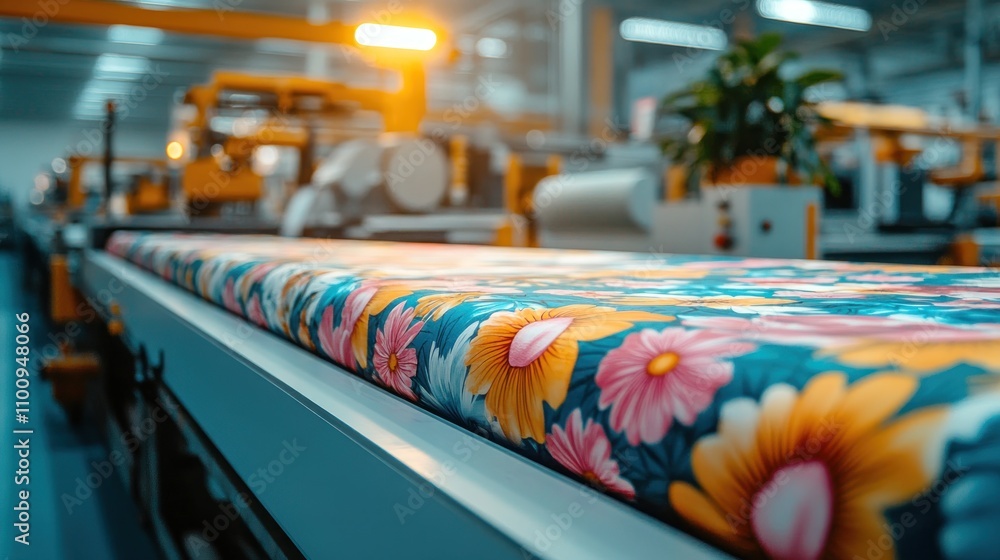 Poster factory machine printing and cutting custom-designed fabric in a large textile production warehouse 