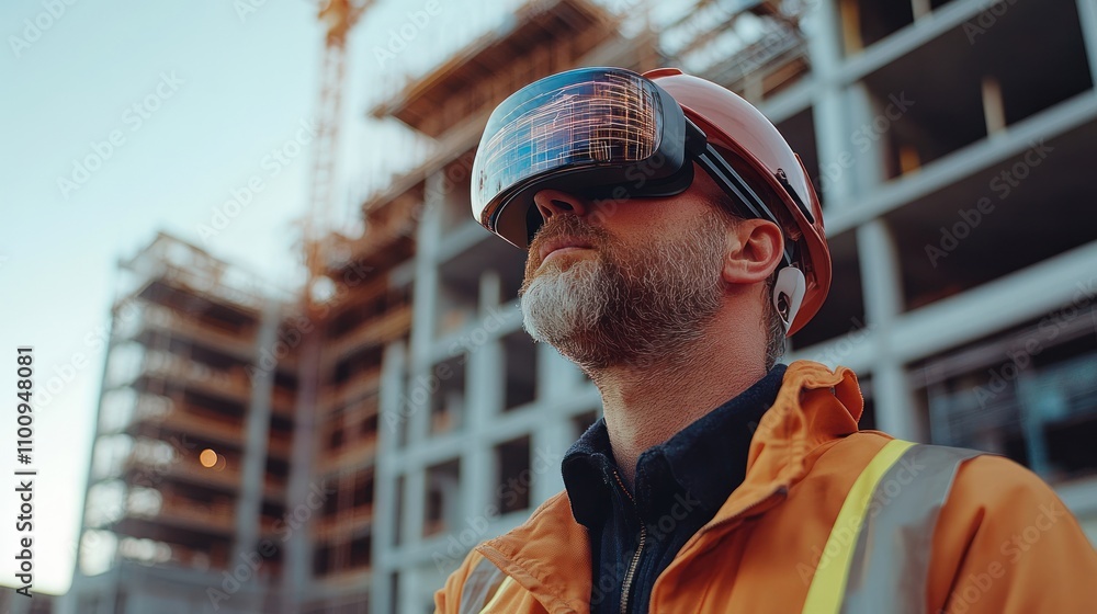 Poster engineers using ar glasses examine digital models of building structures on construction sites