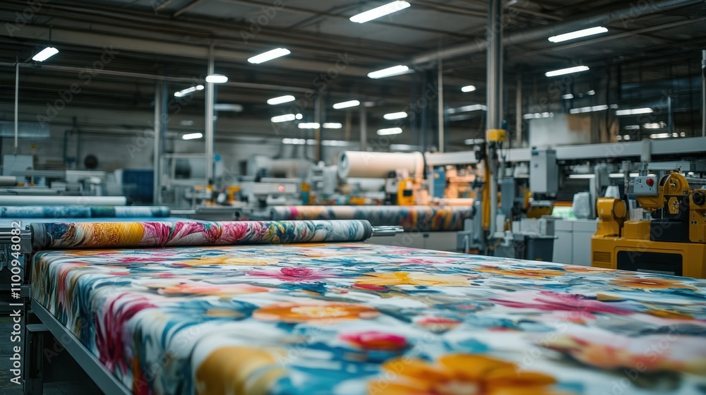 Poster factory machine printing and cutting custom-designed fabric in a large textile production warehouse 