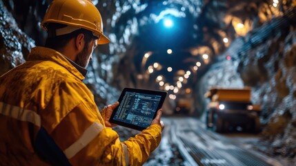 Engineers use digital software to review data from sensors in a mine using tablets