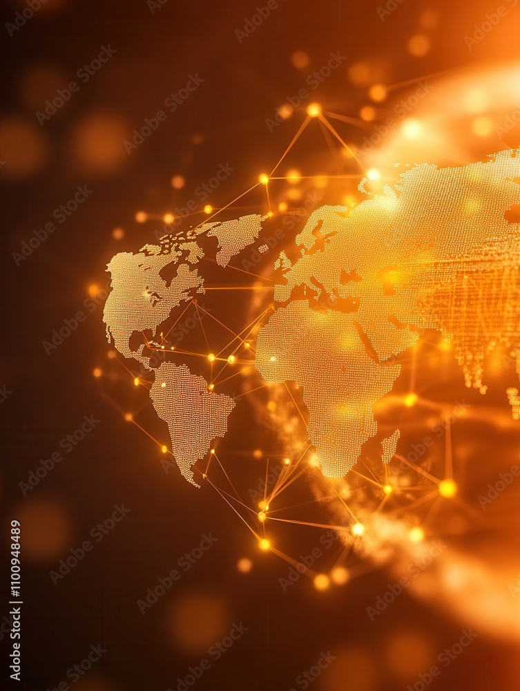 Poster A glowing digital world map with interconnected nodes, symbolizing global connectivity and technology in a vibrant orange hue.
