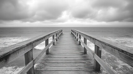 A wooden pier stretches out towards a cloudy sky, evoking a sense of tranquility.