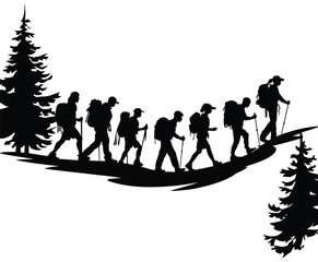 Hiker Group Silhouette Vector Template on Forest Trail