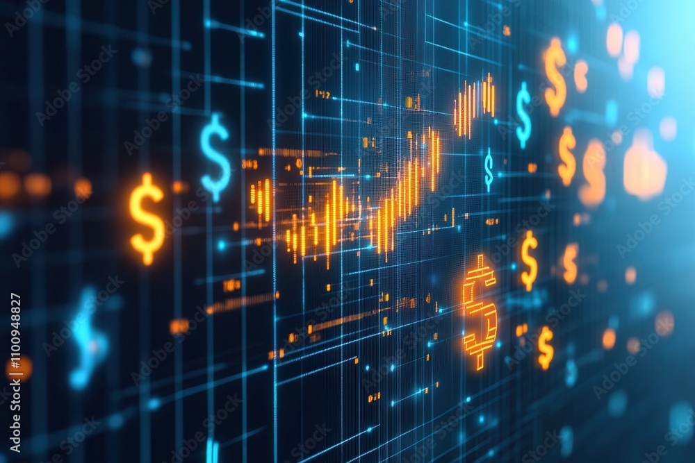 Poster a digital financial graph featuring dollar signs and data points, illustrating trends in currency or