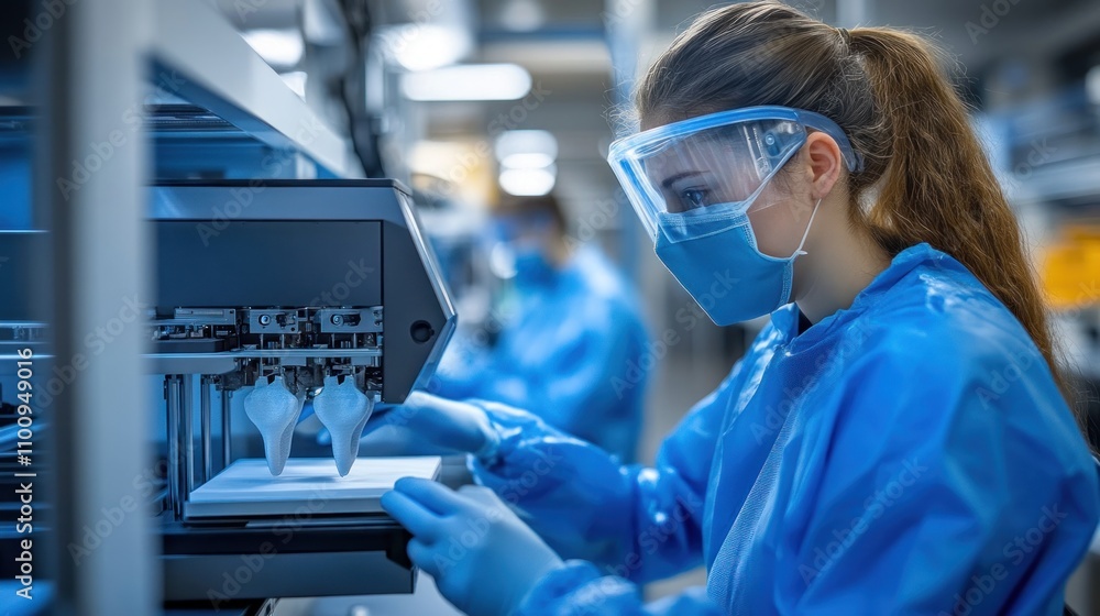 Poster lab technicians in protective gear using a medical-grade 3d printer to create custom prosthetics in 