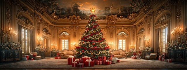 Elegantly decorated christmas tree with presents in opulent room