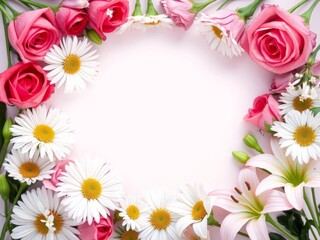 Obraz premium A stunning floral arrangement of roses, lilies, and daisies creating a delicate frame with space for your message in the center, lilies, daisies