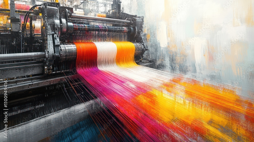 Poster large weaving machines producing colorful, intricate fabrics on a high-speed loom in a modern textil