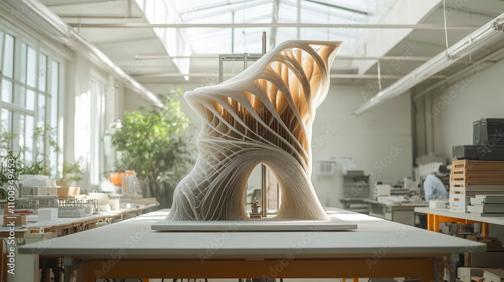 Poster large-scale 3d printer constructing architectural models from eco-friendly materials in an innovativ