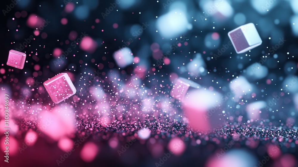 Poster a vibrant, abstract scene featuring floating cubes in varying shades of pink and blue, set against a