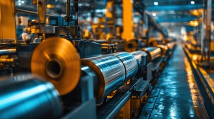 Fototapeta premium Machines creating and cooling plastic film rolls in a temperature-controlled production environment, ensuring durability