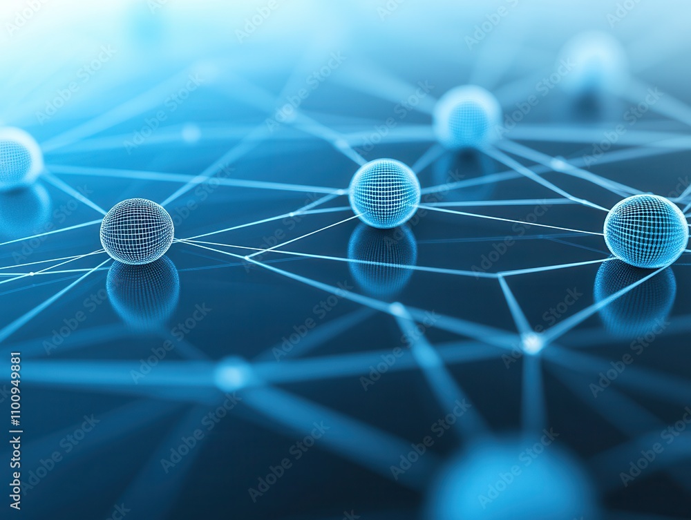 Poster A digital representation of interconnected nodes, symbolizing networks, technology, and data flow in a futuristic, blue-themed design.