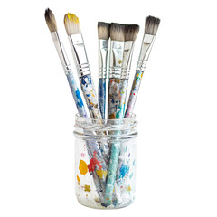 Fototapeta premium Paintbrushes with colorful paint splatters in a glass jar isolated on transparent or white background. Generative ai