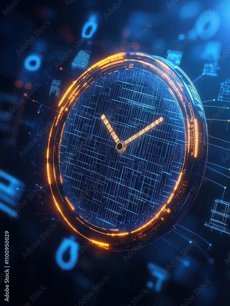 Poster a futuristic digital clock with glowing elements against a blue tech-themed background, symbolizing 