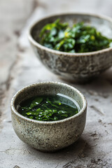 Seaweed packaging materials in minimalistic display with eco-friendly elements on grey surface