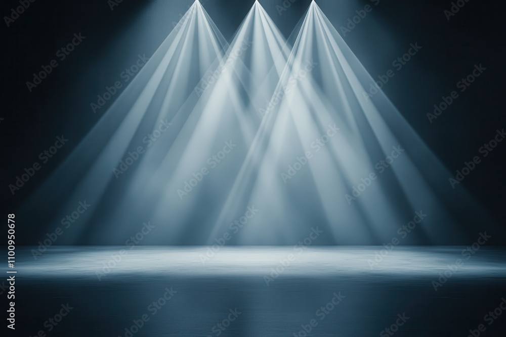 Poster a dramatic scene featuring three beams of light illuminating a dark stage, creating an atmosphere of