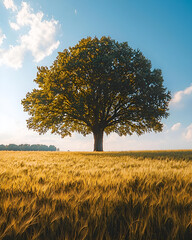 Fototapeta premium Majestic Oak Tree in Golden Wheat Field at Sunset