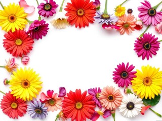 A variety of vibrant multicolored flowers beautifully arranged in a frame on a white background with empty space in the middle, white background, blooms