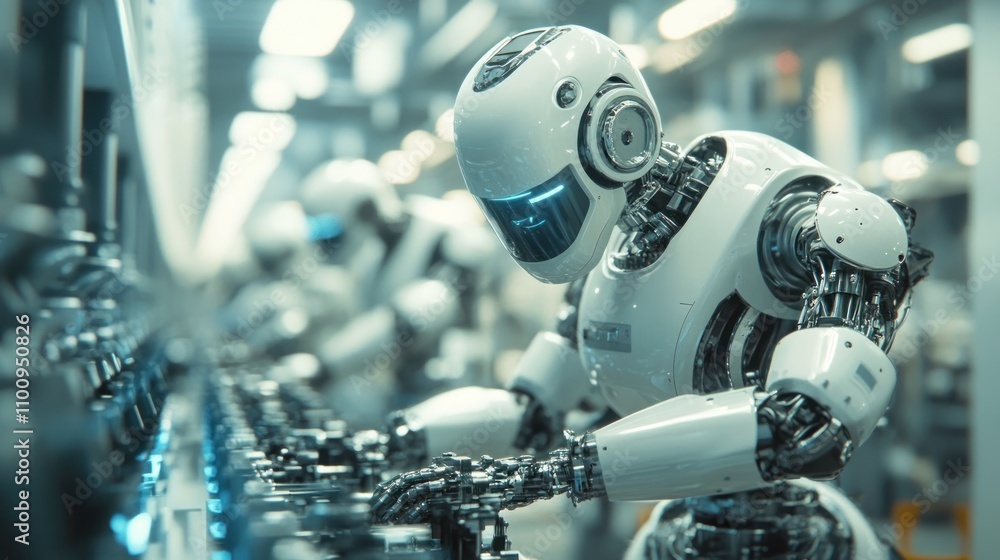 Poster robotic arms attaching and screwing parts on a large assembly line for home appliances in a fully au