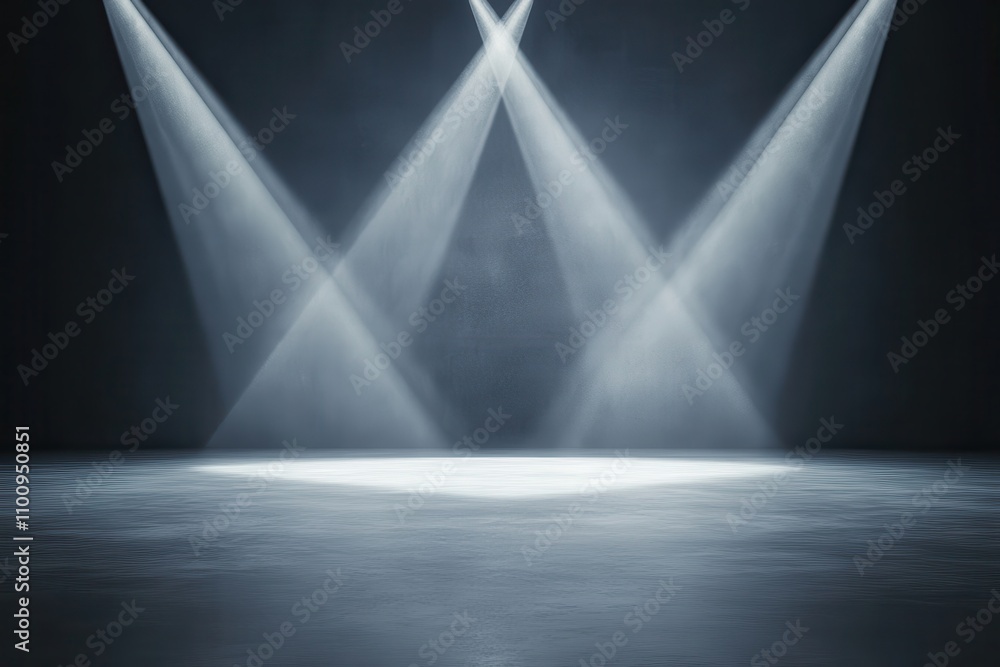 Poster a dramatic scene featuring converging beams of light on a dark stage, creating a focal point with an