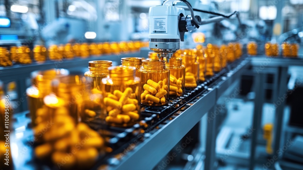 Poster robotic arms carefully assembling and labeling medication bottles on a streamlined production line i