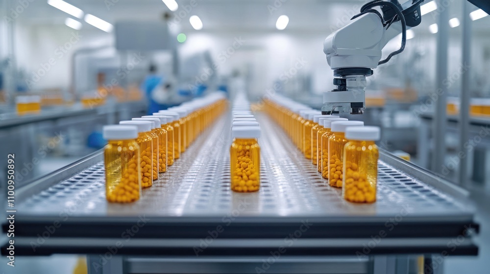 Poster robotic arms carefully assembling and labeling medication bottles on a streamlined production line i