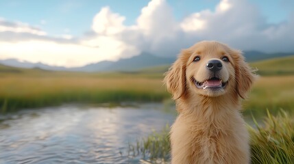 Joyful canine moment by the river playful puppy in a scenic nature landscape