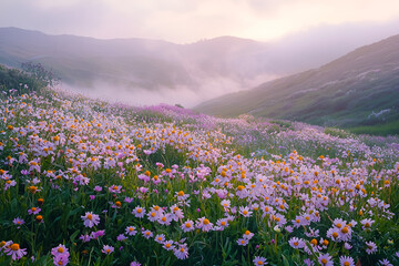 Obraz premium Serene Sunrise: Misty Mountain Wildflowers in Bloom